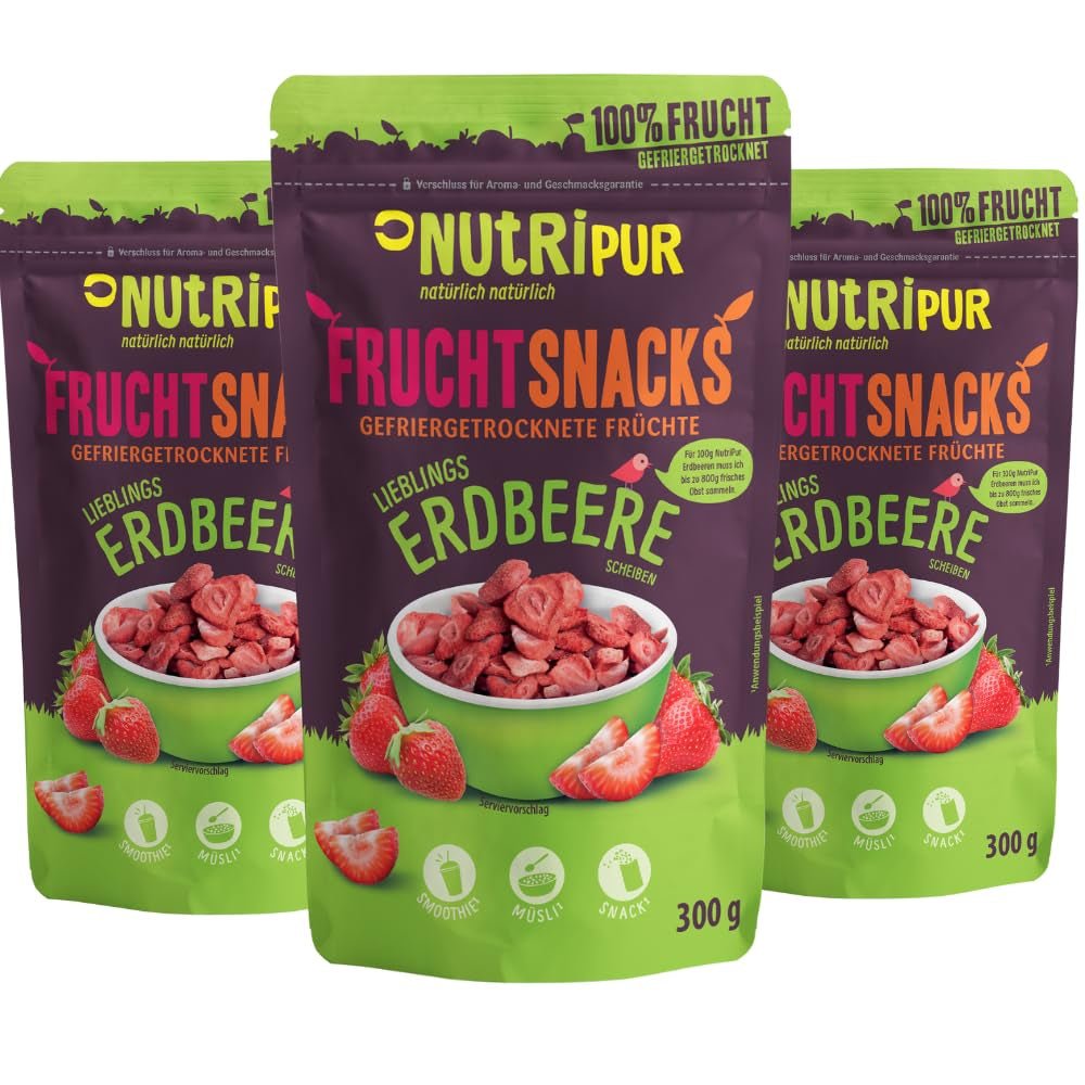 Căpșuni liofilizate 300g: felii de căpșuni uscate neîndulcite - Căpșuni liofilizate cu fructe pure, pline de aromă: fructe de pădure liofilizate - Fructe uscate NUTRIPUR Produse deshidratate Naty Shop 300G (pachet de 3) Căpșuni