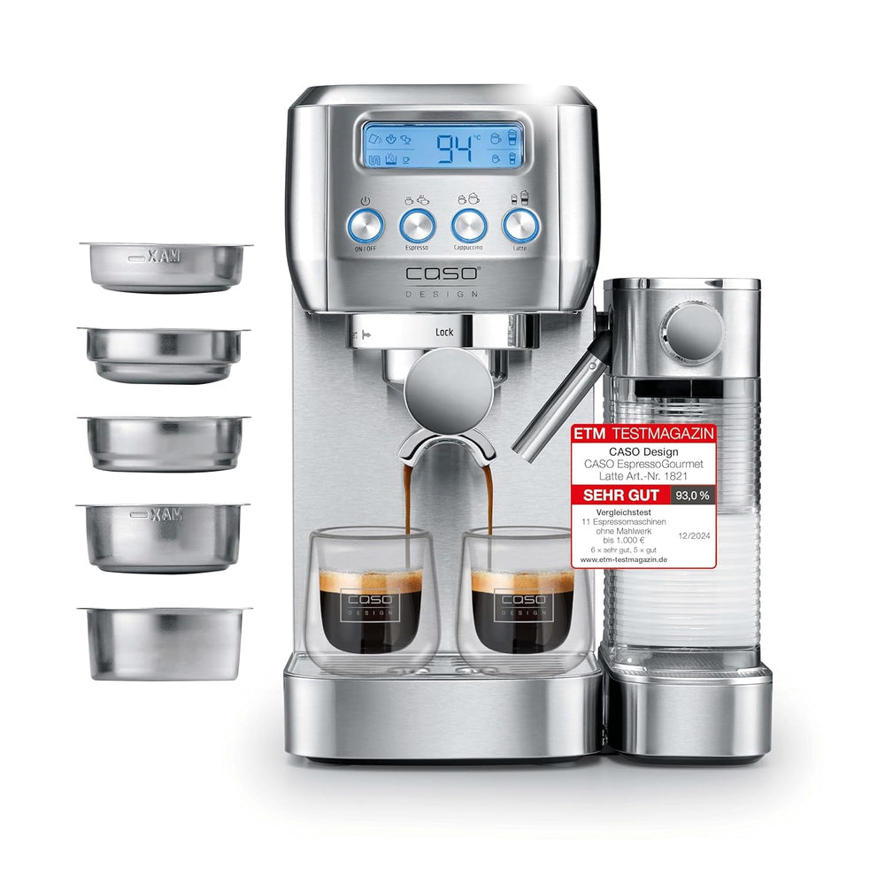 CASO EspressoGourmet Crema - Espressor portafiltru cu spumator de lapte, espresso, cappuccino, portafiltru din oțel inoxidabil, pompă ULKA 20 bar, aparat de cafea, cafea măcinată, capsule ESE