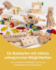 Matador Kinder Baukasten ab 3 Jahren 34-tlg. - Spannendes Holz Konstruktionsspielzeug zur Schulung von Kreativität und Feinmotorik, Bauspielzeug mit Stäbchen, Klötzen, Hammer & Zange