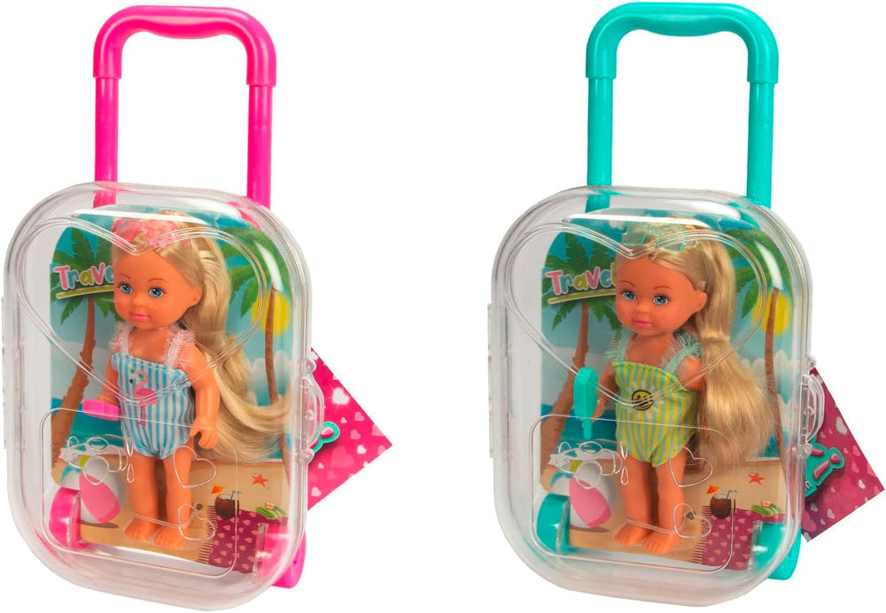 Simba Evi Love Travel, 2 modele asortate, va fi livrat doar UN articol, păpușă într-o valiză cu roți, poartă un costum de baie cu volane, include ochelari de soare și înghețată, 12 cm, vârste 3+