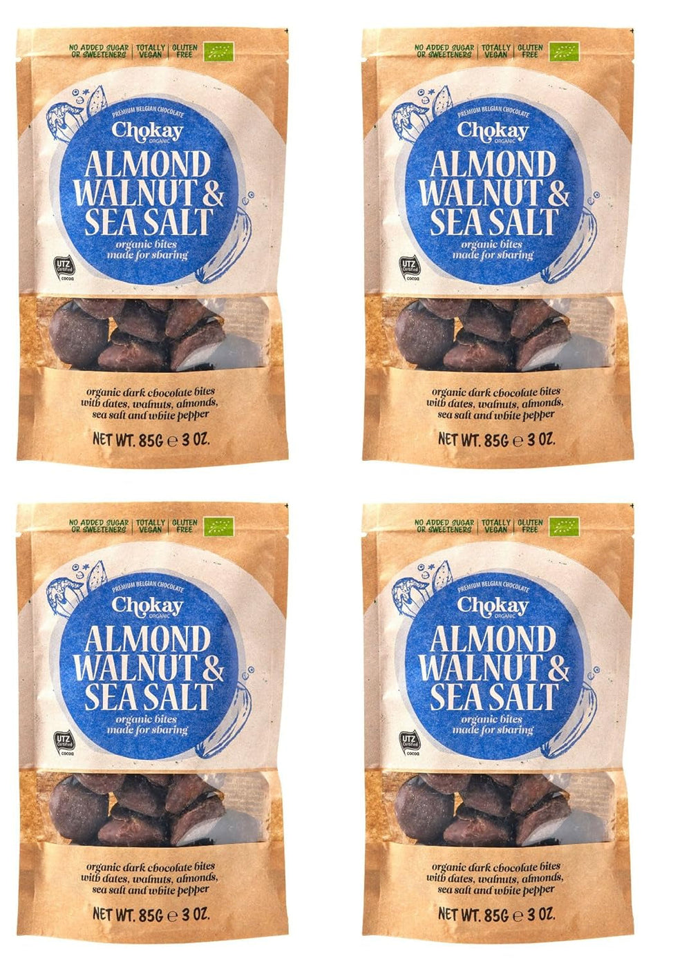 Set de 4 bucăți Organic Bites - Migdale cu scorțișoară/Migdale cu scorțișoară în ciocolată neagră belgiană/Fără zahăr adăugat, fără îndulcitori/VEGAN ȘI COMERȚ ECHITABIL / 4 x 85g