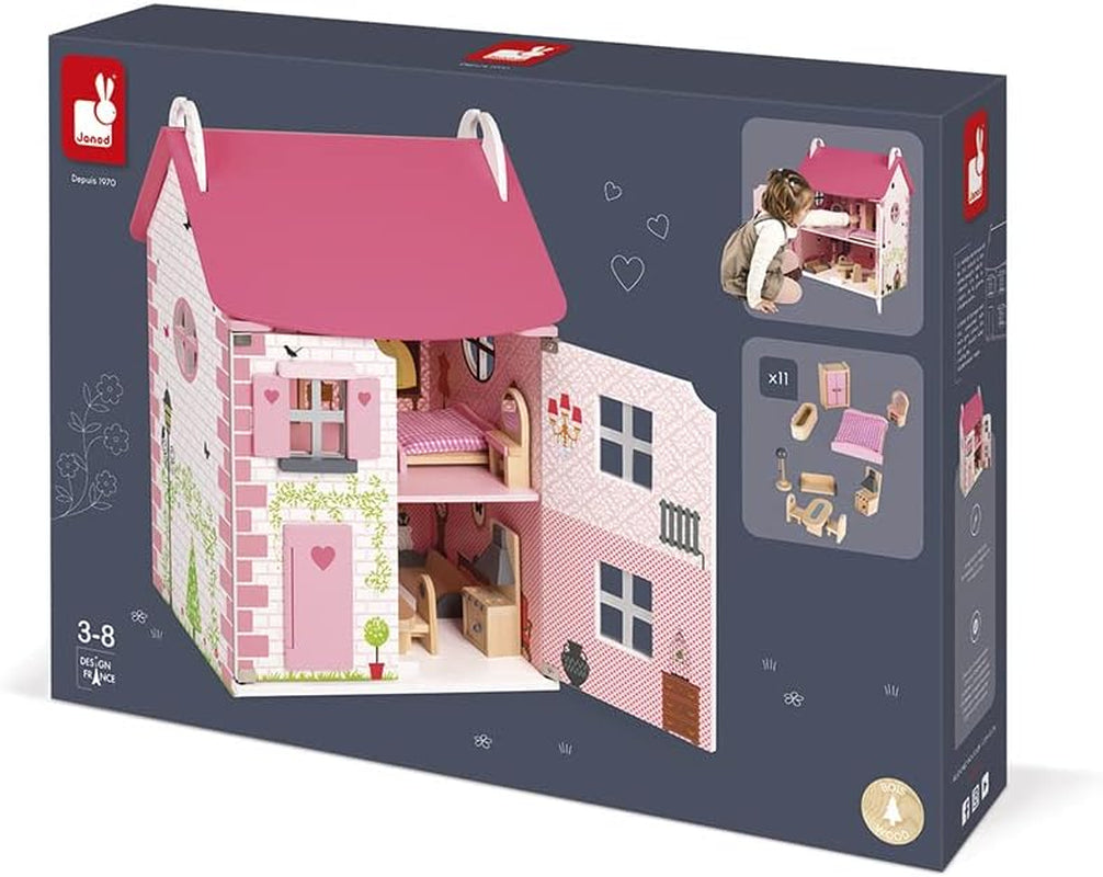 Janod - Casa de păpuși din lemn Mademoiselle, 3 etaje și cu 11 accesorii, replică de jucărie, dezvoltă imaginația, de la 3 ani, J06581, roz Casute de papusi Naty Shop