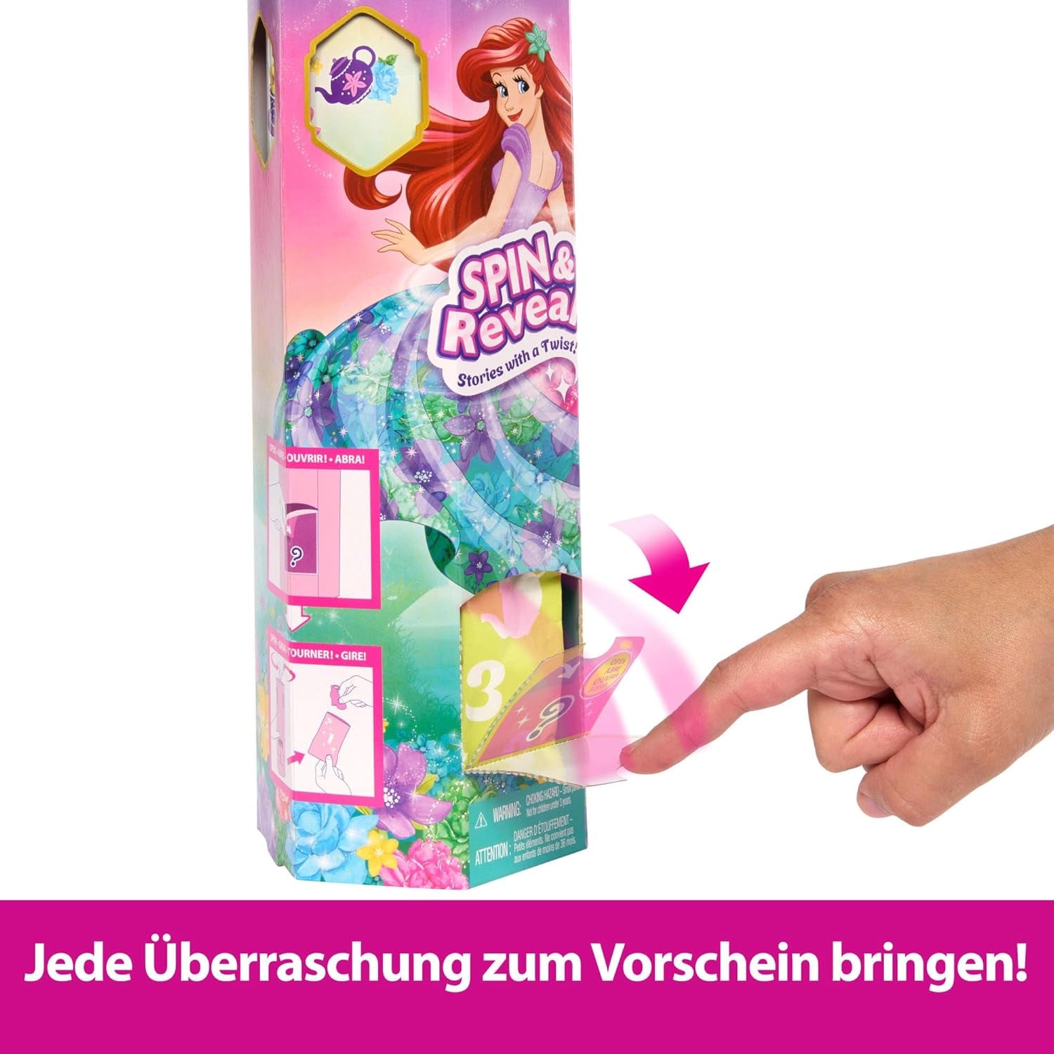Mattel Disney Prinzessin Arielle Modepuppen-Set, Spin & Reveal mit 11 Überraschungen, darunter 5 Accessoires, 5 Sticker und eine Szene zum Spielen, vom Film inspiriert, HTV88