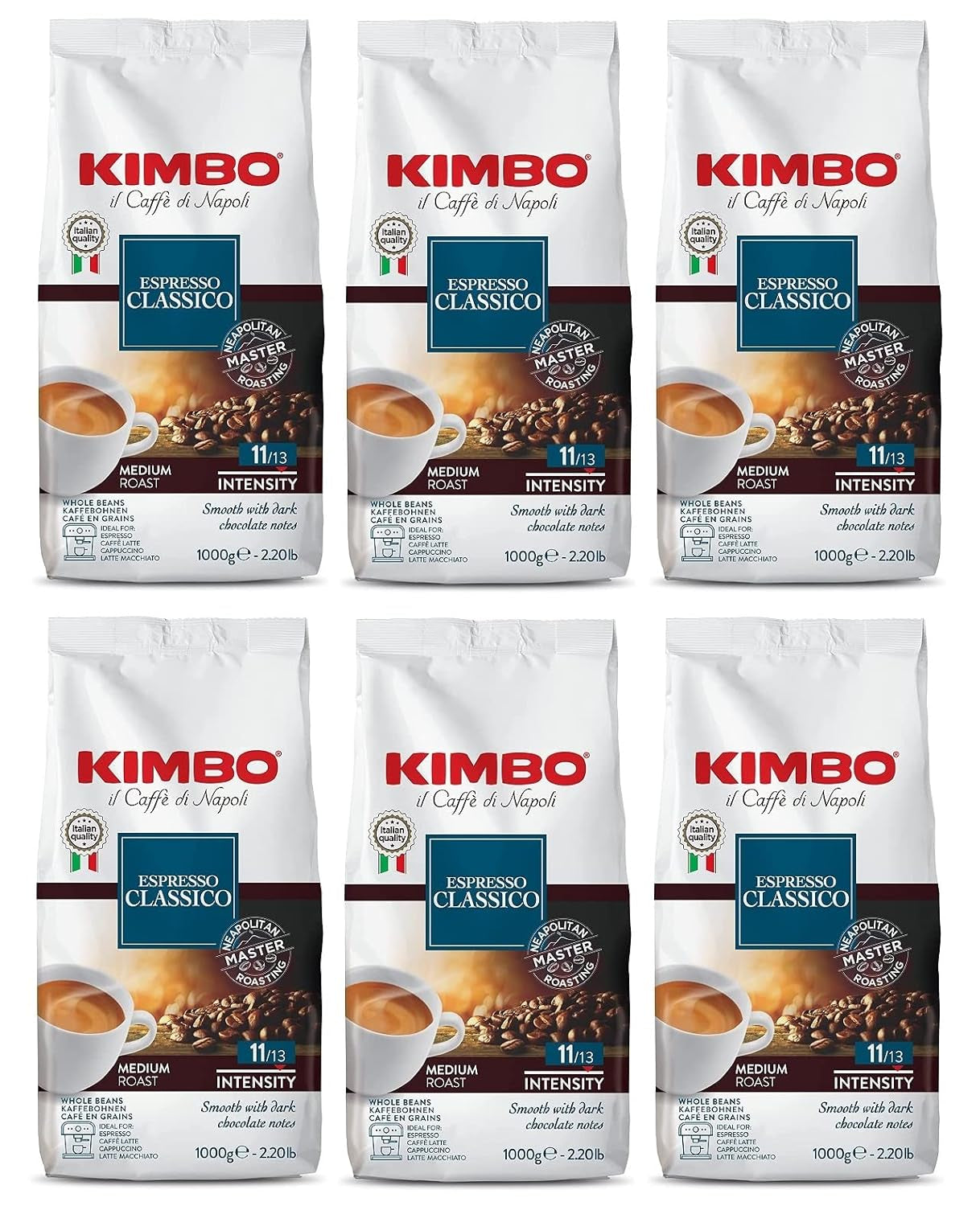6x Boabe de cafea Espresso Classico, prăjire medie, boabe întregi de cafea, prăjire medie, pungă de 1 kg, cafea din Napoli