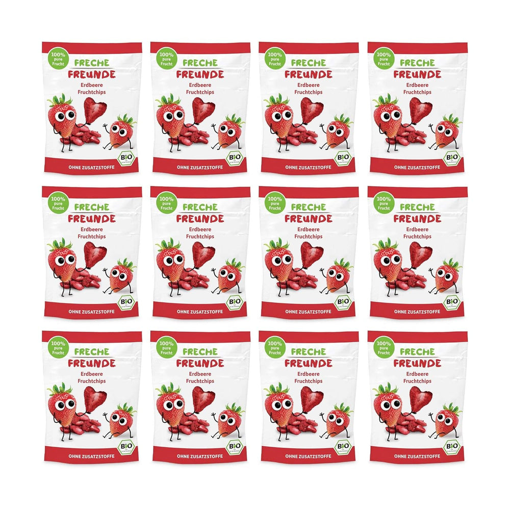 Chipsuri de fructe organice „100% căpșuni”, chipsuri de fructe cu căpșuni liofilizate (12 x 12 g) și noi flip-uri crocante organice cu porumb și morcov, gustare organică, de la 1 an, (9 x 30 g) 270 g