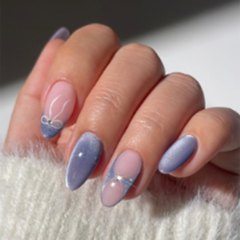 Mouyouglow Unghii False Magnetice Scurte, Roz Migdala Roșu Gradient Sclipici Cat Eye cu Lipici, Unghii Artificiale Roz Roșu Ombre Sclipici Fototerapie Pentru Femei și Fete