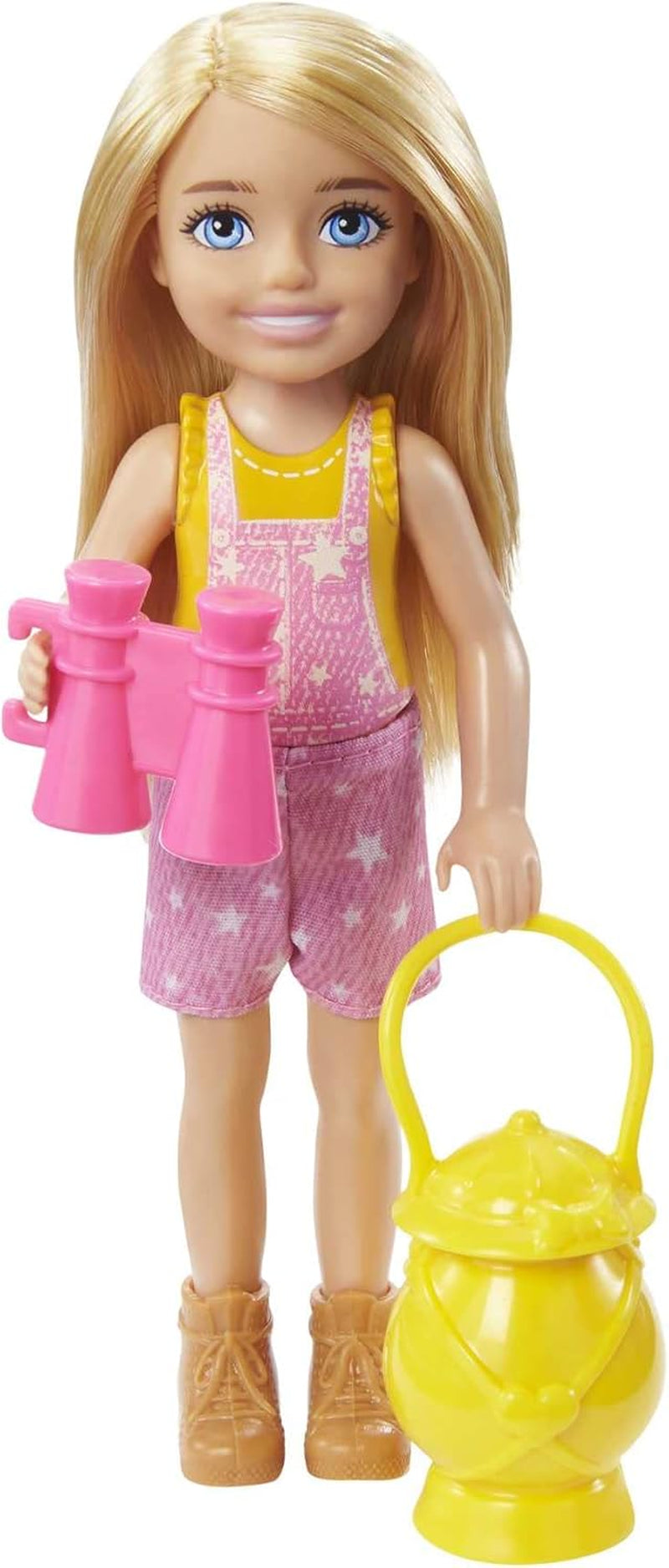 Barbie Chelsea Serie, Chelsea Camping Puppe mit blonden Haaren, Haustier Eule, Schlafsack, Kissen, Laterne, Fernglas, Camping Zubehör, Geschenk für Kinder, Spielzeug ab 3 Jahre, HDF77