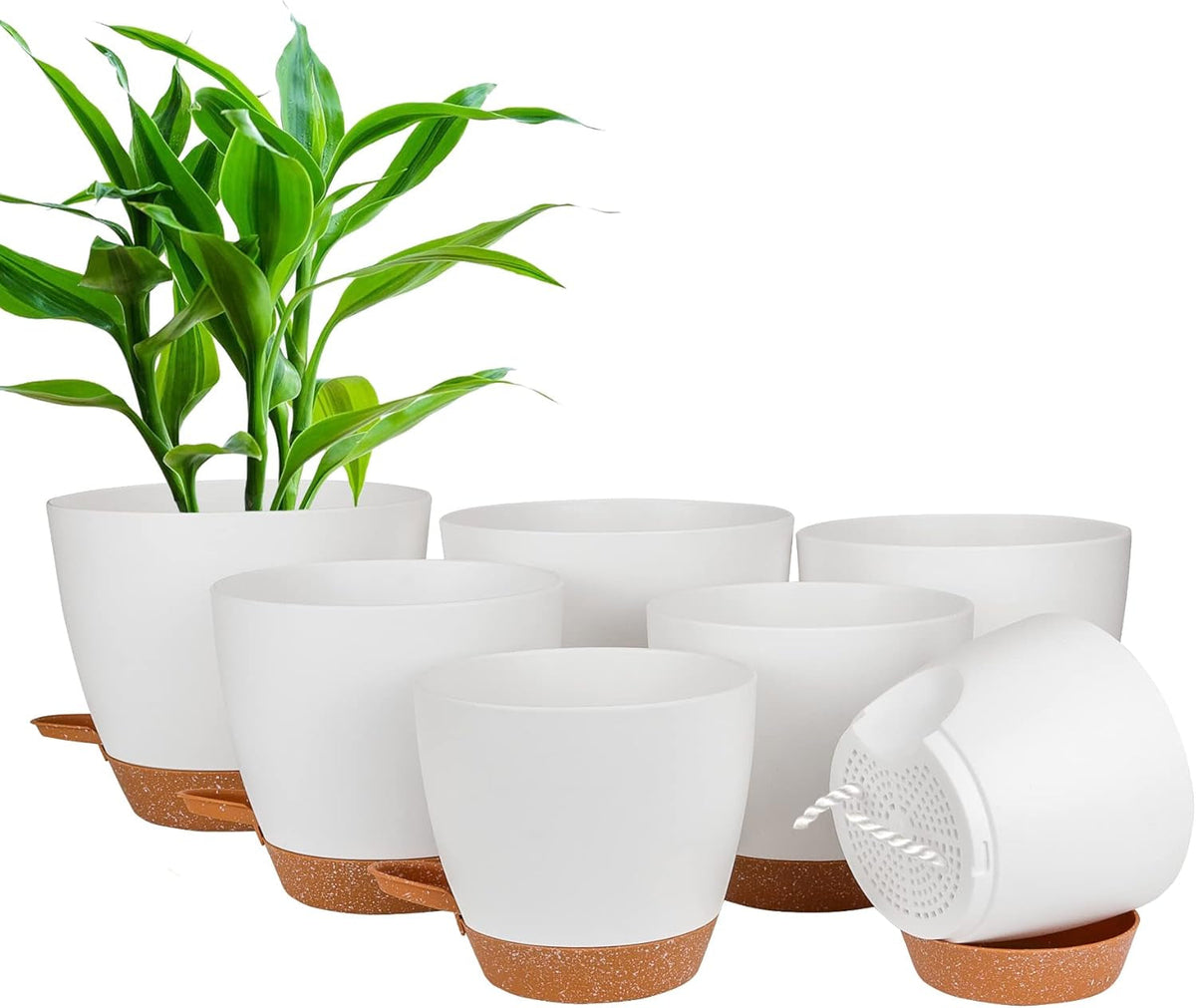 Ghiveci de flori CSYY, set de 7 ghivece de flori din plastic cu sistem de udare, 20,3/19/17,7/16,5/15,2/14/12,7 cm, ghiveci cu auto-udare și farfurie, pentru interior și exterior