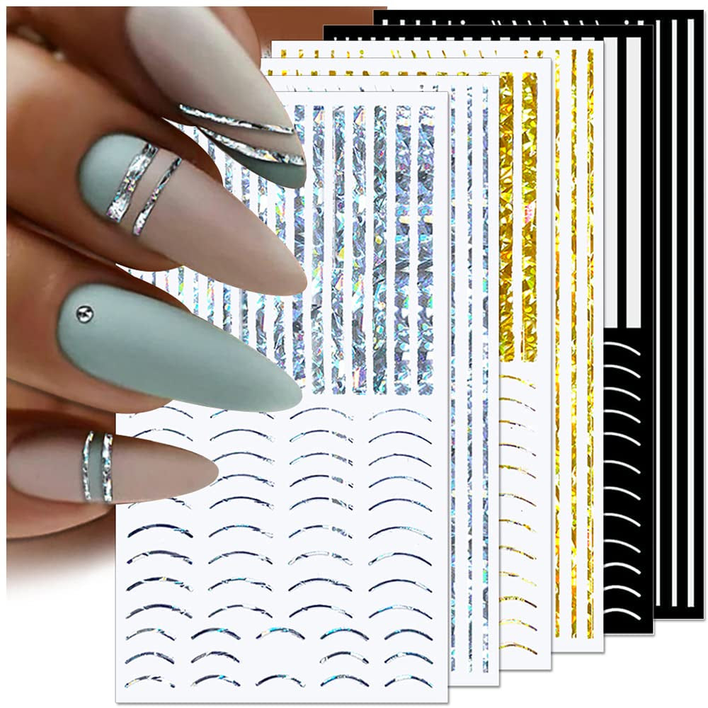 12 foi cu laser sclipici linii autocolante unghii autoadezive autocolante holografice dungi bronz autocolante unghii linie franceză arcuri curbe linii ondulate autocolante unghii accesorii Nail Art