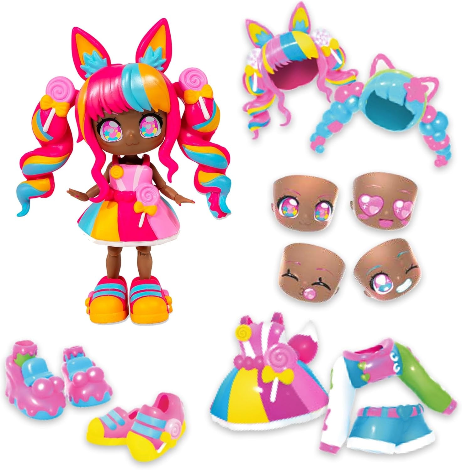 BANDAI - Animakii Einhorn und Fledermaus - Set Personalisierbare Puppen - 1 Puppe, 4 Gesichter, 2 Frisuren, 2 Outfits, 2 Paar Schuhe - Kreatives Spielzeug ab 5 Jahren - HEA26348