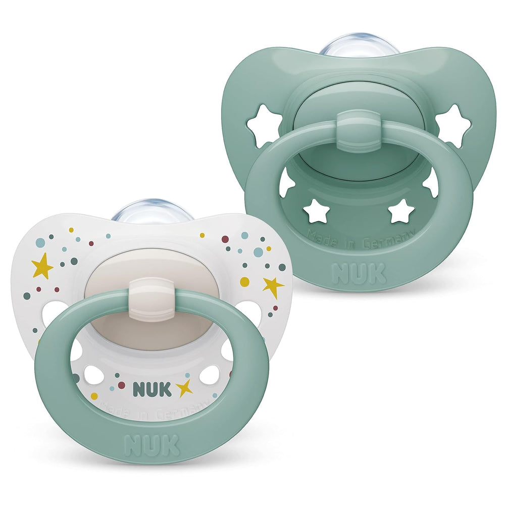 Suzete NUK Signature pentru bebeluși | 0-6 luni | Calmează 95% dintre bebeluși | Suzete din silicon în formă de inimă, fără BPA | Cu husă | Inimioare roz | Pachet de 2