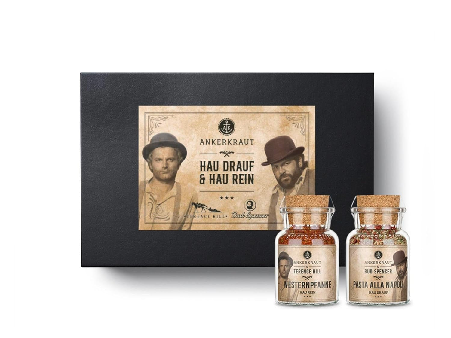 Ankerkraut Bud Spencer & Terence Hill Bagaluten Gewürz-Box, mit Westernpfanne und Pasta alla Napoli, Geschenk-Set, lecker kochen, 195 g Gewürze Inhalt