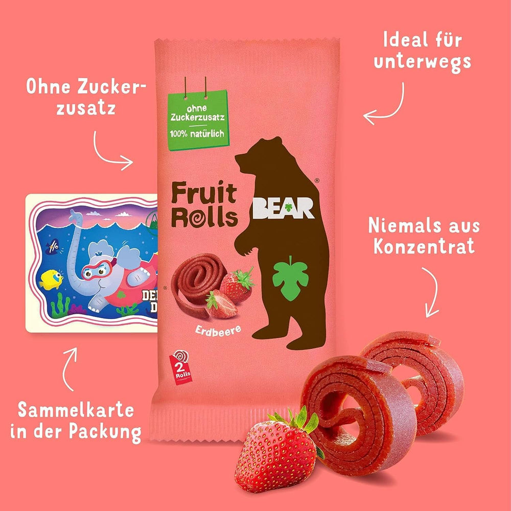 Rulouri de fructe BEAR cu căpșuni, 100% ingrediente naturale, 30 x 20 grame Produse deshidratate Naty Shop