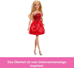 Mattel Rubinrote Blonde Barbie-Party-Modepuppe zum 80. Jubiläum roten Kleid mit silbernen Schuhen und Halskette, Sammelspielzeug, JGD25