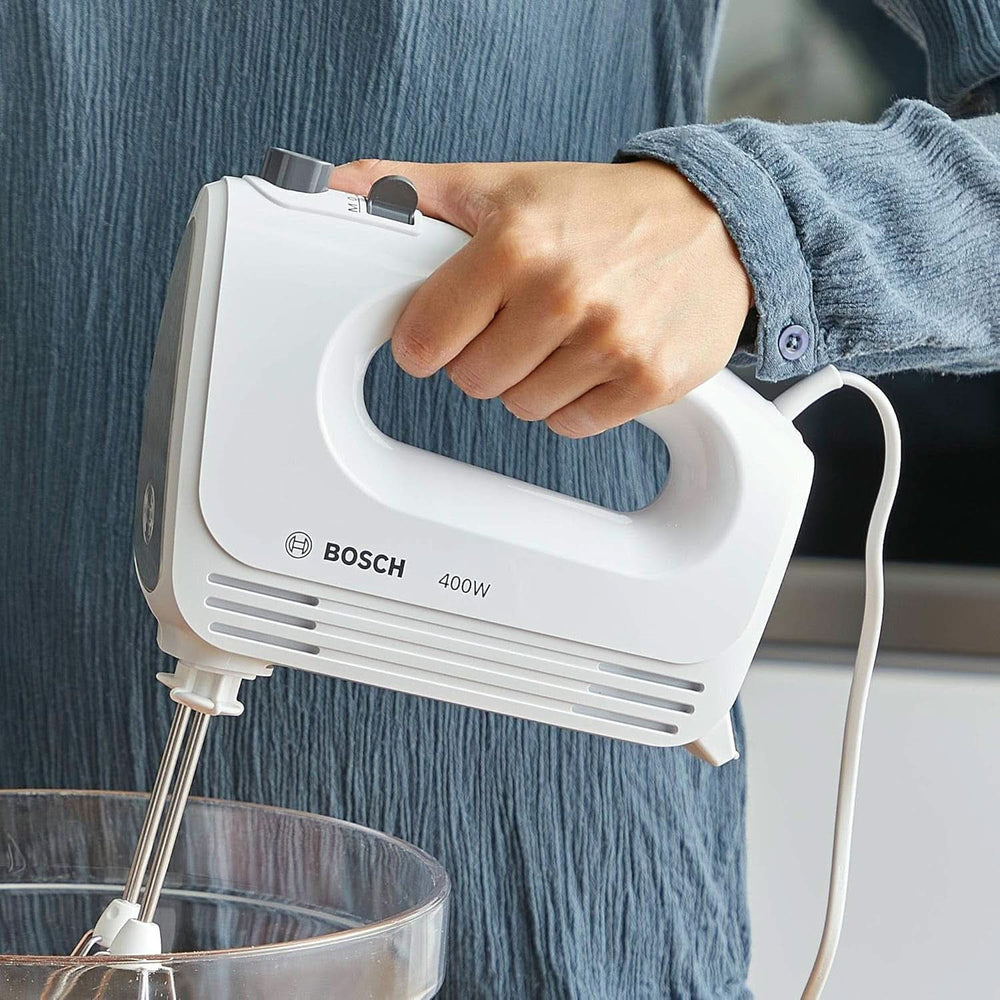 Bosch Hausgeräte Handrührer Clevermixx MFQ24200, 2 Rührbesen, 2 Spülmaschinengeeignet, 4 Stufen, Leicht, Leise, 400 W Weiß/Edelstahl Bucatarie Naty Shop