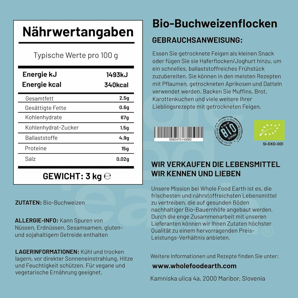 Fulgi de hrișcă organici Wholefood Earth – 3 kg | Crud | Fără OMG | Vegan | Sursă de fibre | Certificat organic