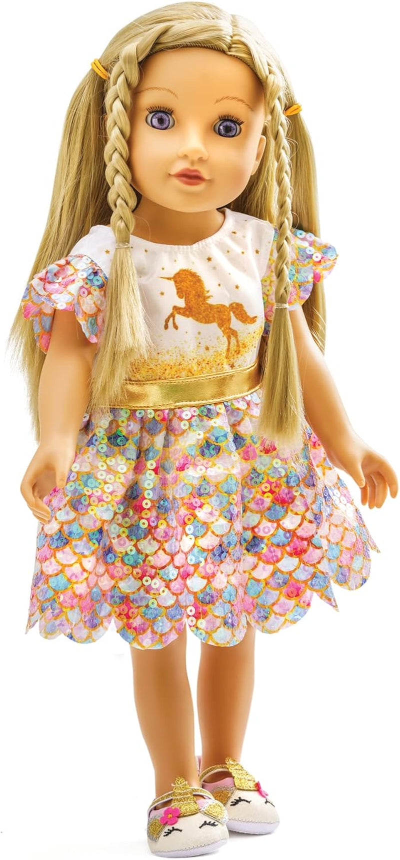 Heless 2231 - Puppenkleidung im Design Einhorn Goldy, Glitzerkleid mit schimmernden Pailletten für Puppen und Kuscheltiere der Größe 35 - 45 cm