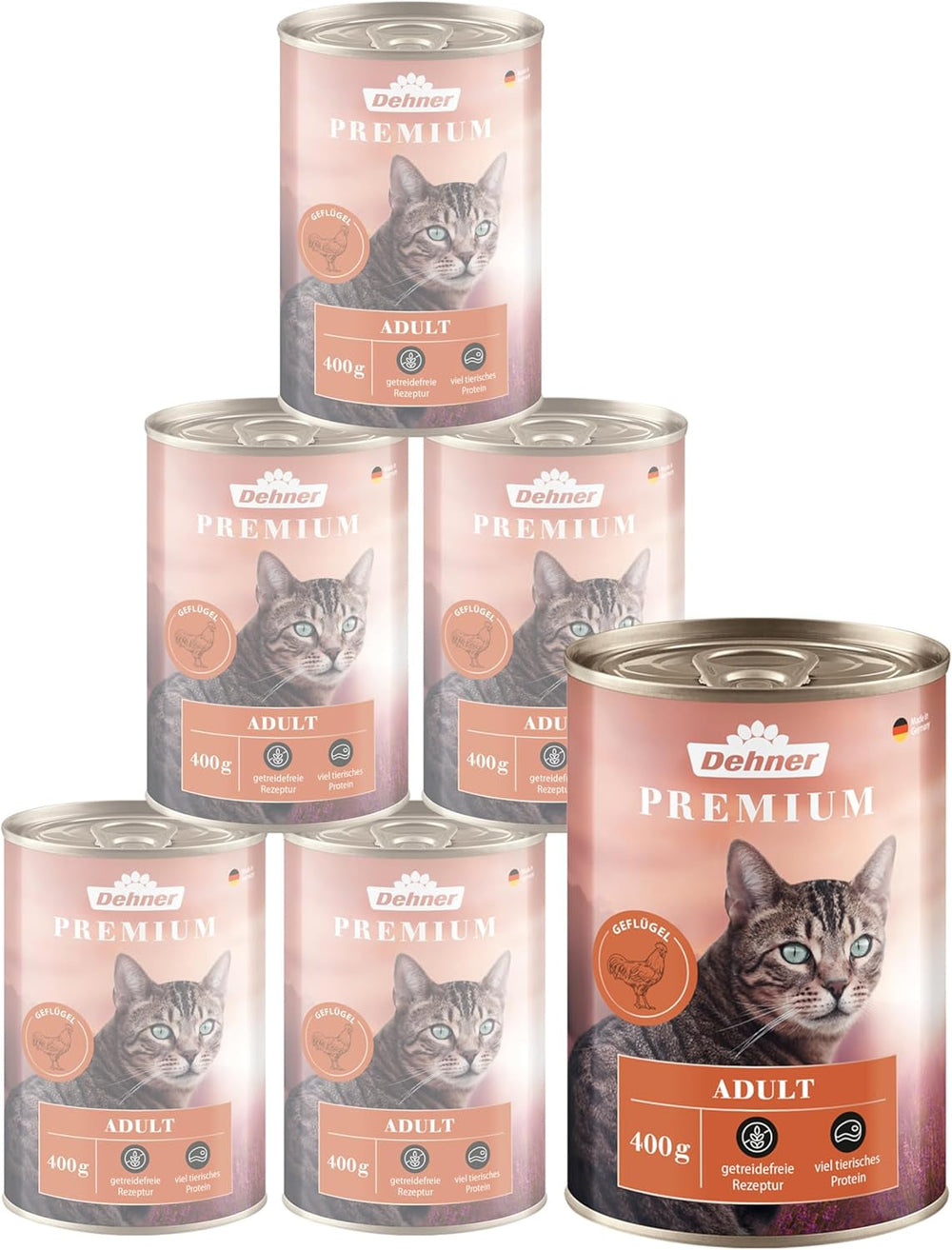 Hrană umedă Dehner Premium pentru pisici, fără cereale, pentru pisici adulte, păsări de curte, 6 conserve a câte 400 g (2,4 kg)