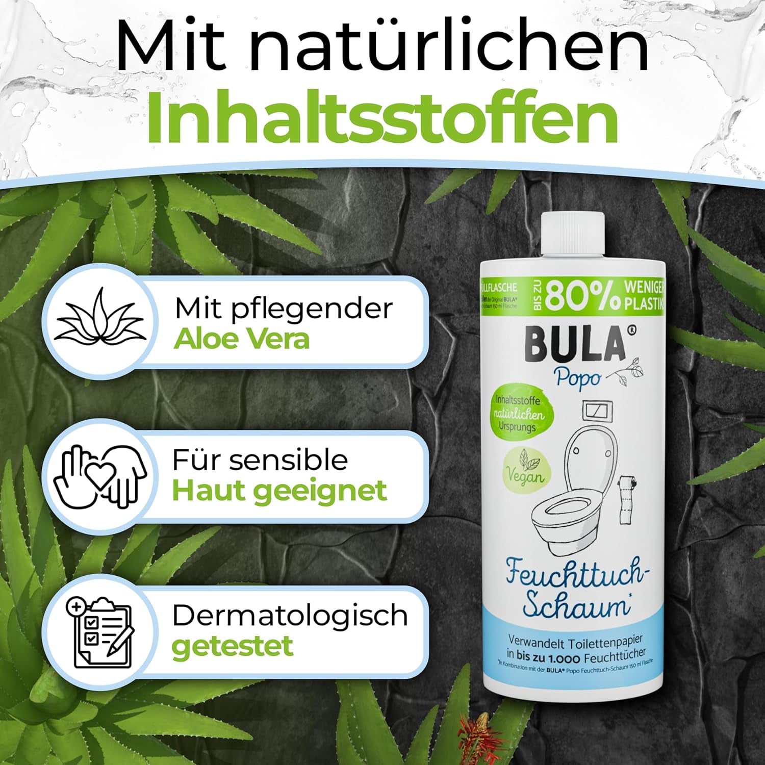 Sticlă de rezervă BULA® Popo (750 ml) DOAR PENTRU REUMPLEREA sticlelor noastre de 150 ml și 50 ml! | Înlocuiește până la 1.000 de șervețele! | Cu ingrediente de origine naturală