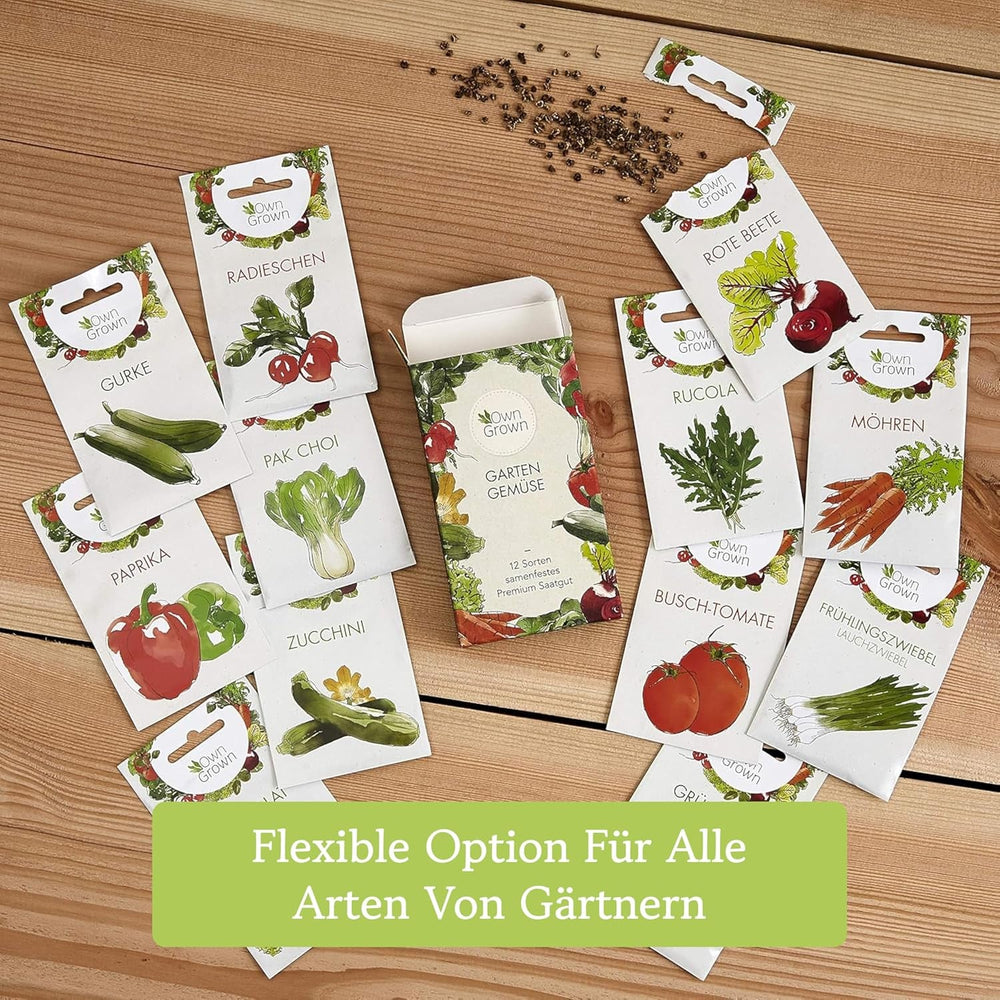 OwnGrown Gemüse Samen Set - 12 Pflanzensamen Sorten für Hochbeet und Garten - Praktische Box mit Gemüsesamen für den Anbau Frischer Ernte zu Hause - Ideal für Gartenliebhaber