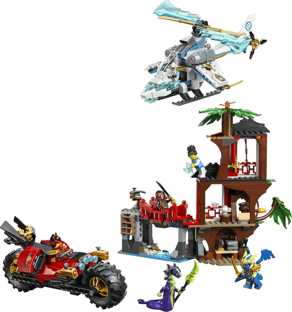 LEGO NINJAGO Showdown am Baumhaus mit dem Ninja-Bike - Action Spielzeug mit Motorrad, Hubschrauber, 6 Minifiguren und Schwertern - Geschenk für Jungen ab 7 Jahren und Fans - 71857