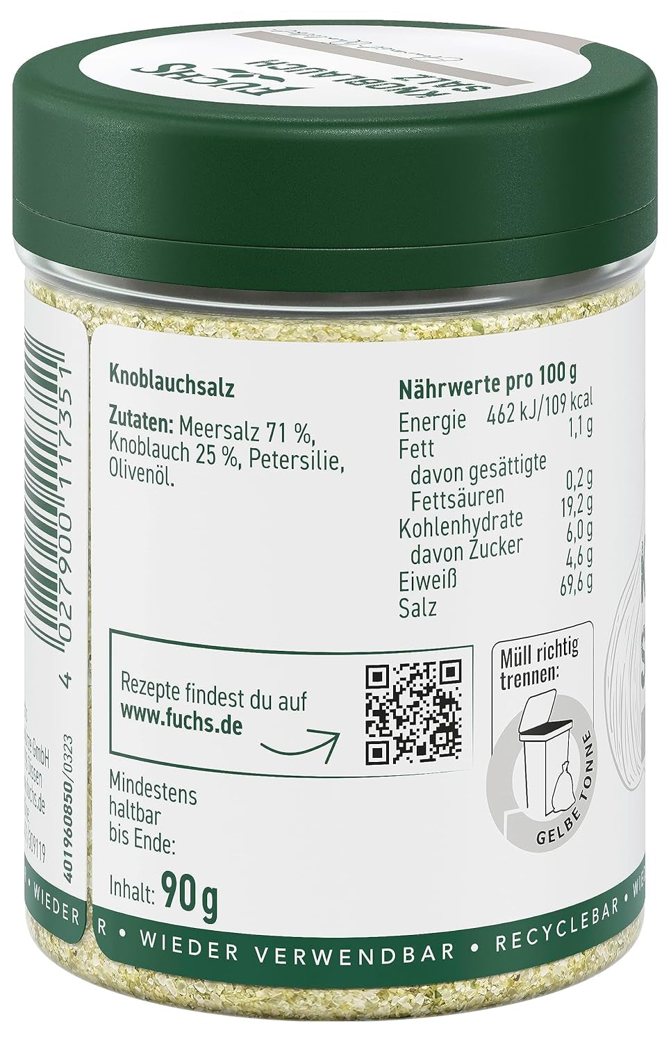 Fuchs Gewürze - Knoblauchsalz - Gewürzsalz für Dips, Saucen und Gemüse - natürliche Zutaten - 90 g in wiederverwendbarer, recyclebarer Dose