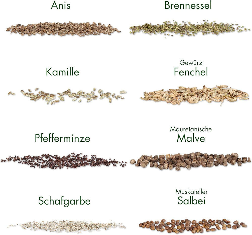Set de semințe de ceai: 8 varietăți de semințe pentru balcon și grădină – mentă, mușețel, anason, urzică, nalbă – semințe de plante – ceai – cutie de ceai – plante OwnGrown