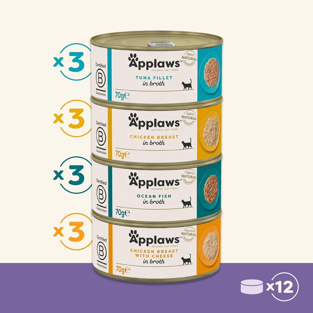 Applaws Hrană umedă premium 100% naturală pentru pisici adulte în bulion - Ton, pui, fructe de mare, selecție mixtă în bulion - Pachet de 12 conserve x 70 g