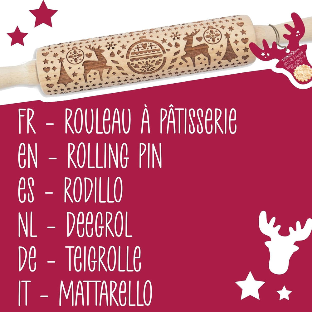 Sucitor din lemn Scrap Cooking „Xmas” cu motive de Crăciun – rolă de embosat cu decorațiuni în relief pentru fursecuri – accesoriu decorativ – 5242