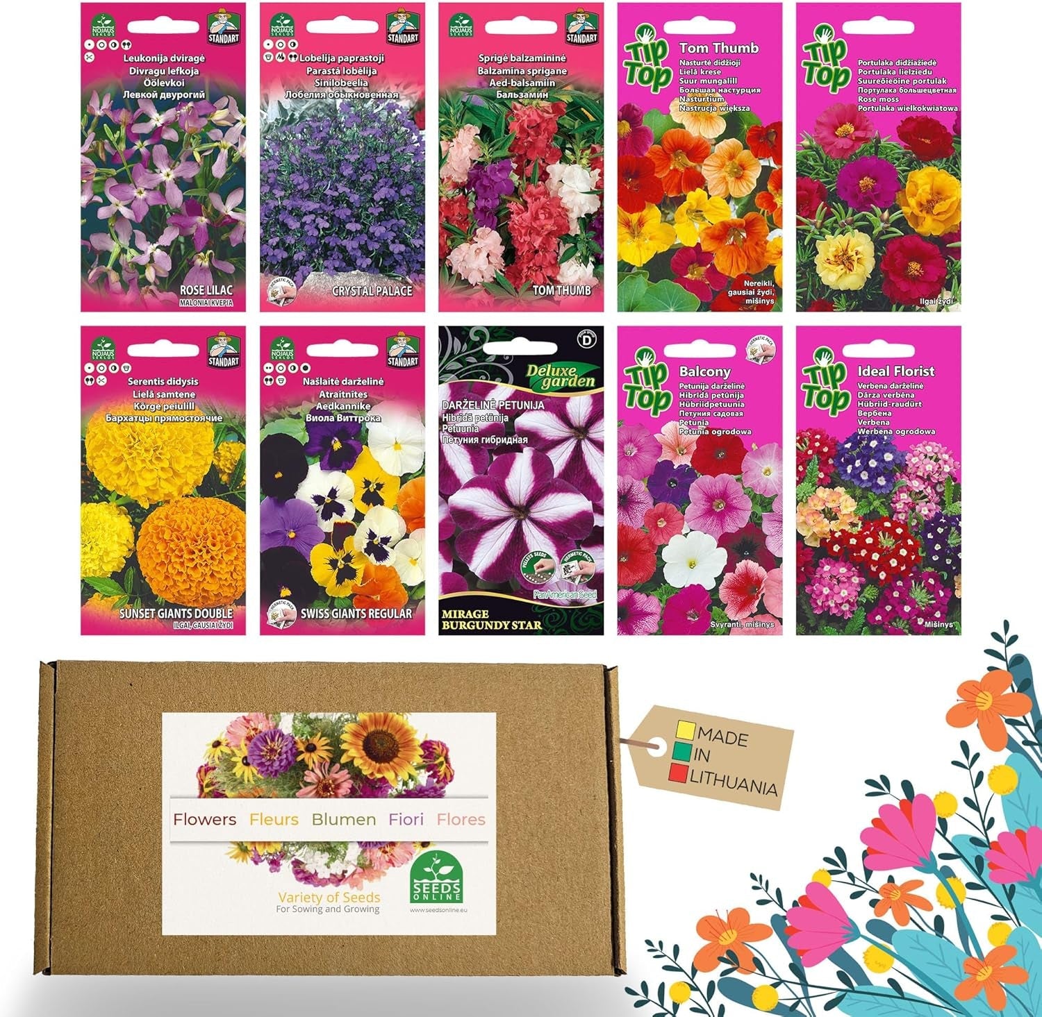 Set de semințe de flori Nojus – 10 varietăți de semințe de flori – Semințe de flori de balcon – Semințe de plante colorate – 10 pachete – Semințe de flori sălbatice – Pliculețe cu semințe de flori – Cadou ideal cu semințe de flori