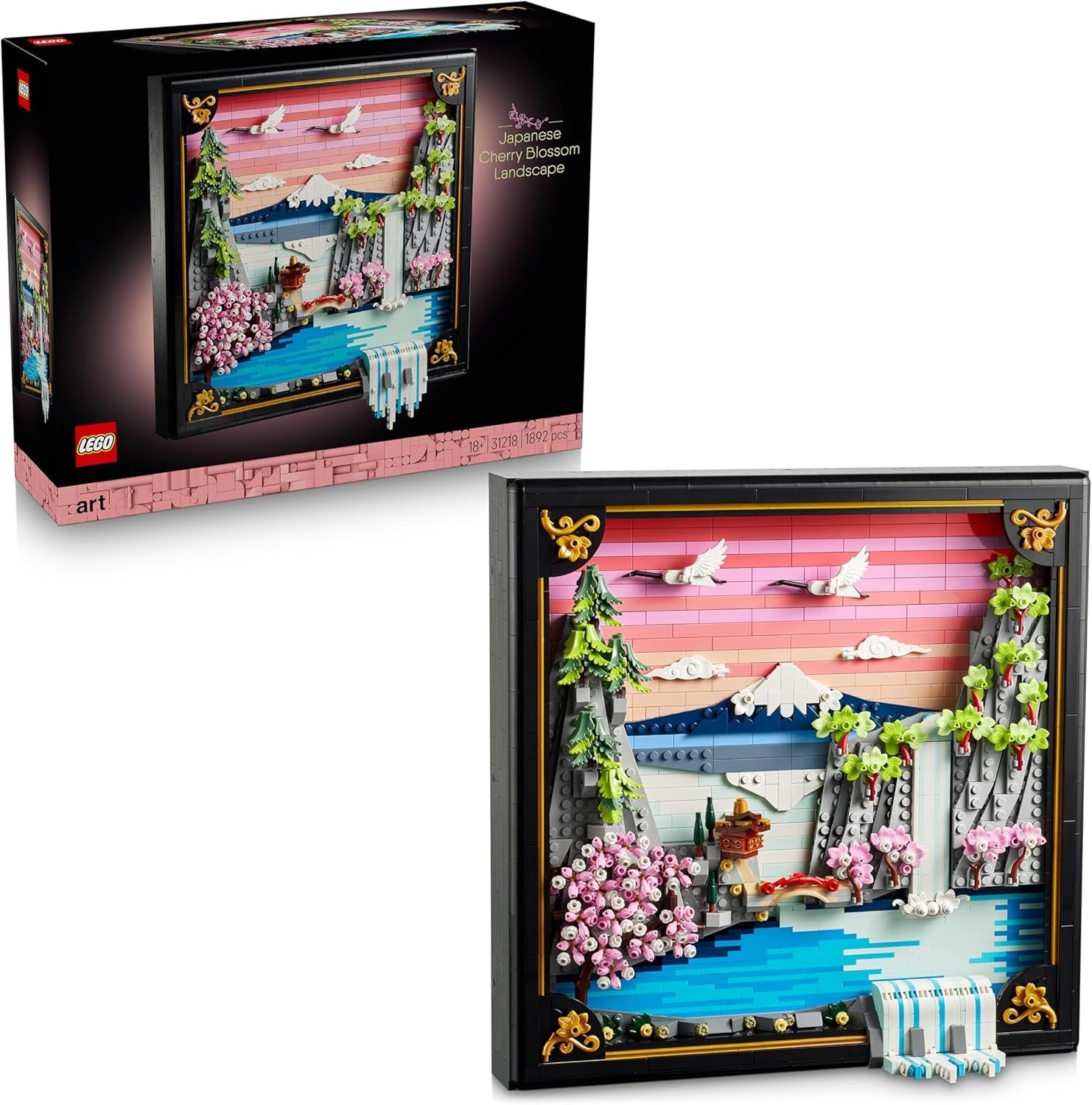 LEGO Art Japanische Kirschblütenlandschaft - DIY Set - Bauset für Erwachsene - 3D Wandkunst im Rahmen mit dem Fuji-Berg, Sakura (Kirschblüten) und Wasserfall - Geschenk für Männer und Frauen - 31218