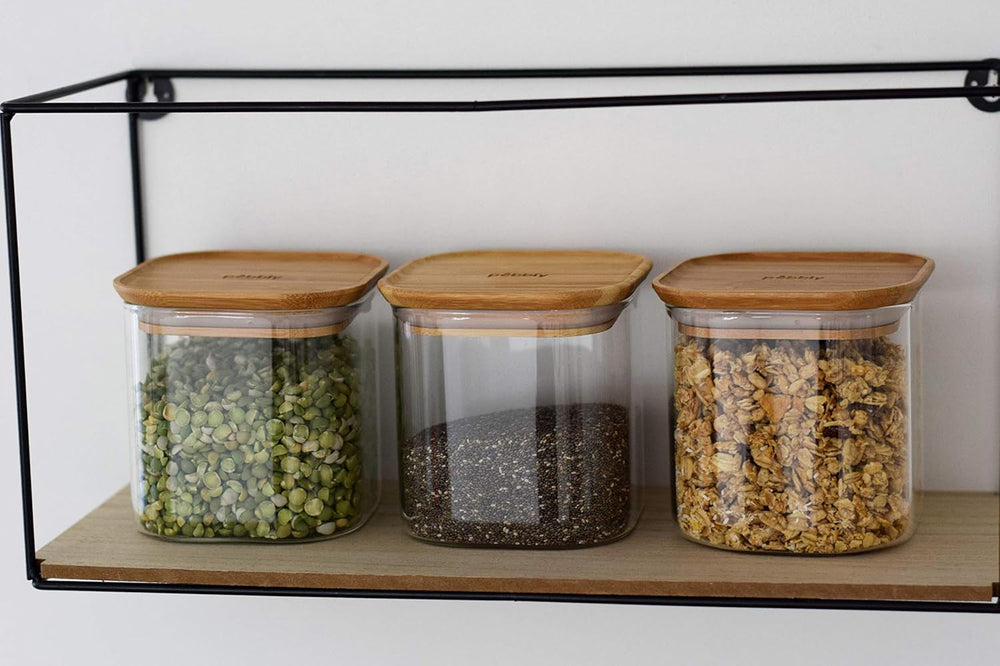 Set de 3 recipiente pătrate din sticlă cu capac din bambus-800ml, sticlă borosilicată, bambus, silicon, natural, 11 x 11 x 11 cm Cutii depozitare alimente Naty Shop