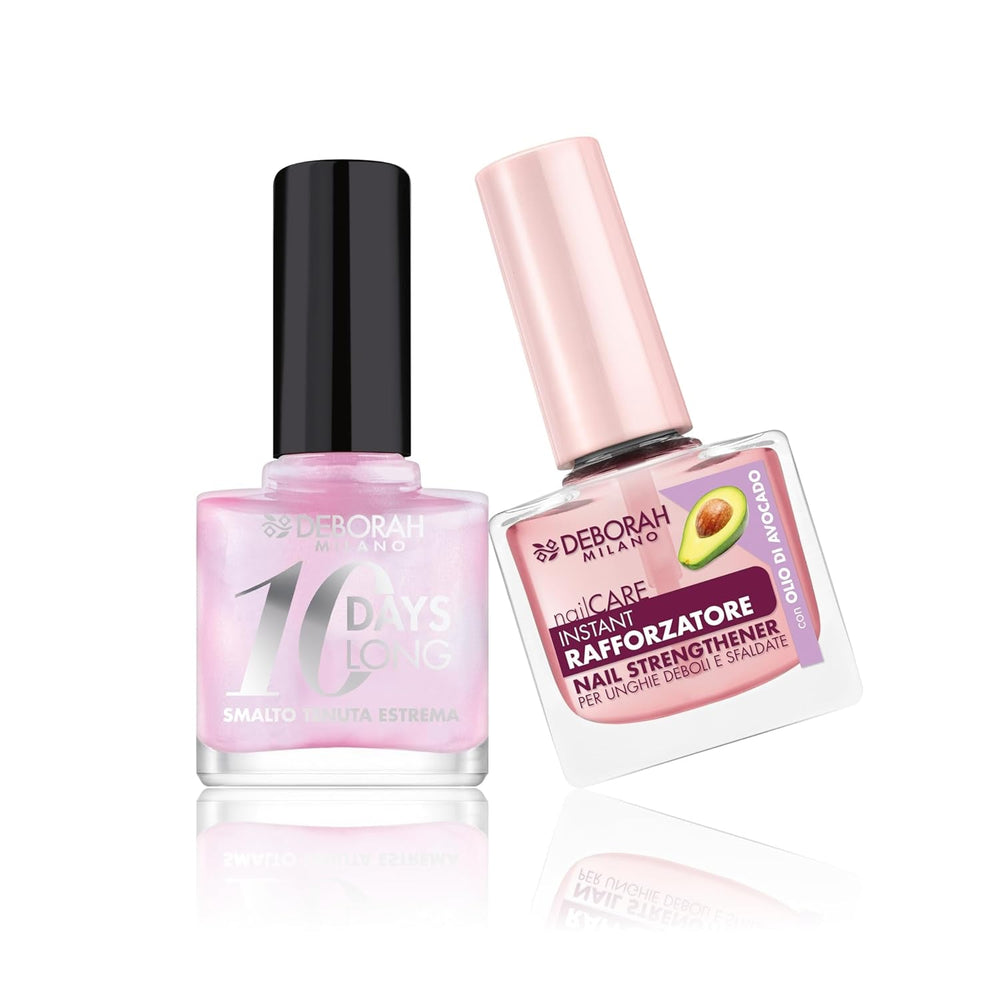 Set de ojă Milano pentru întărirea unghiilor fragile și umflate, 9,5 ml și ojă 10 Days Long N.882 Nude Rose, efect lucios cu fixare îndelungată, 11 ml
