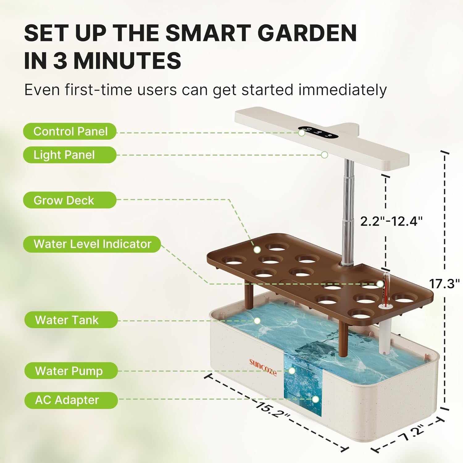 Kit sistem de creștere hidroponică cu 12 capsule, lampă LED de 24W pentru grădină de interior, rezervor de apă de 4L cu pompă silențioasă, jardinieră cu înălțime reglabilă pentru plante aromatice, kit de grădinărit de interior, cadouri de grădinărit, bej
