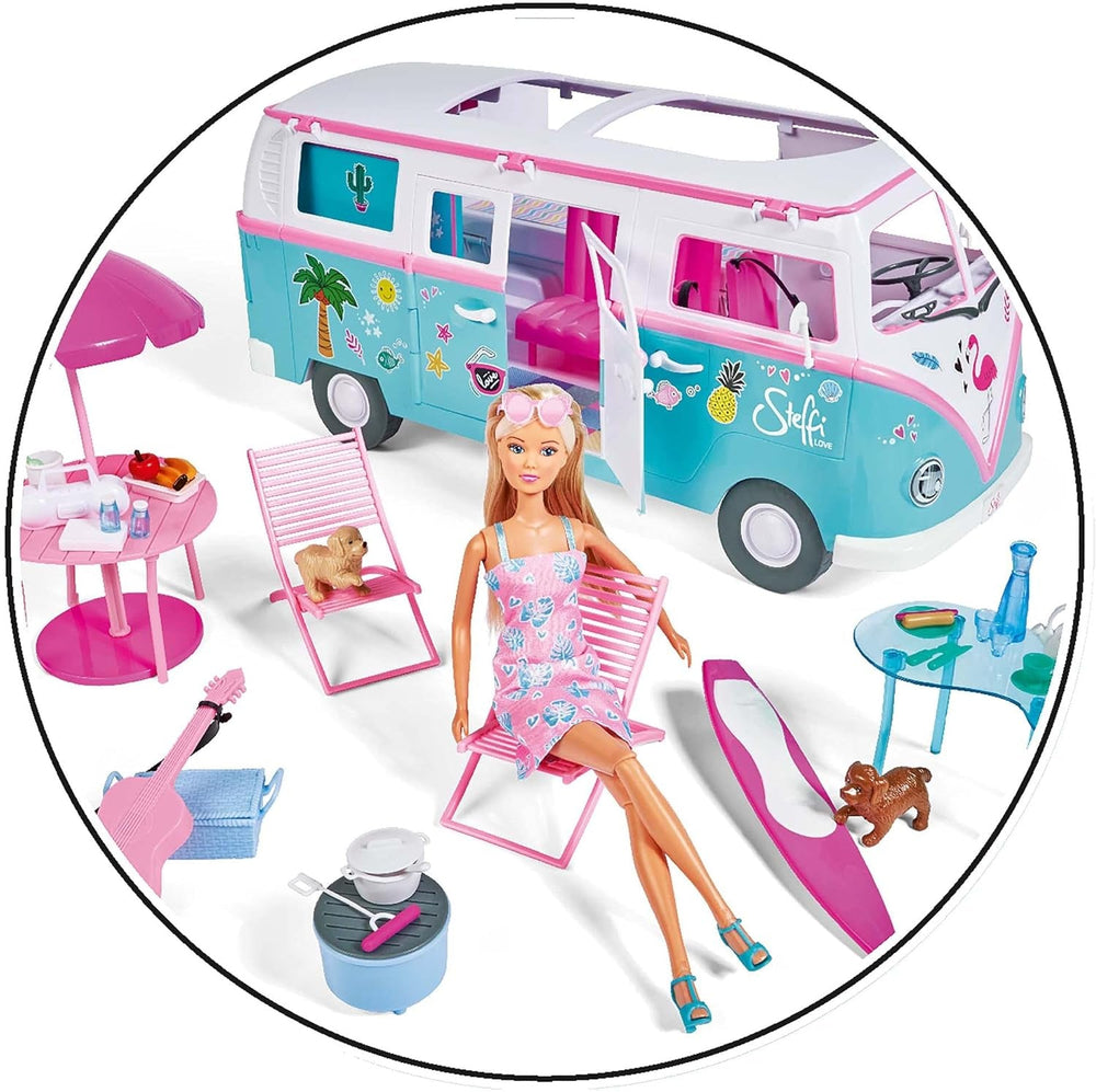 Simba Steffi Love Hawaii Camper / Puppe mit aufklappbarem Camper / inkl. Küche / Sitzecke / Bett / Tisch und viel Zubehör / L:51cm / 29cm / Für Kinder ab 3 Jahren geeignet, 105733523