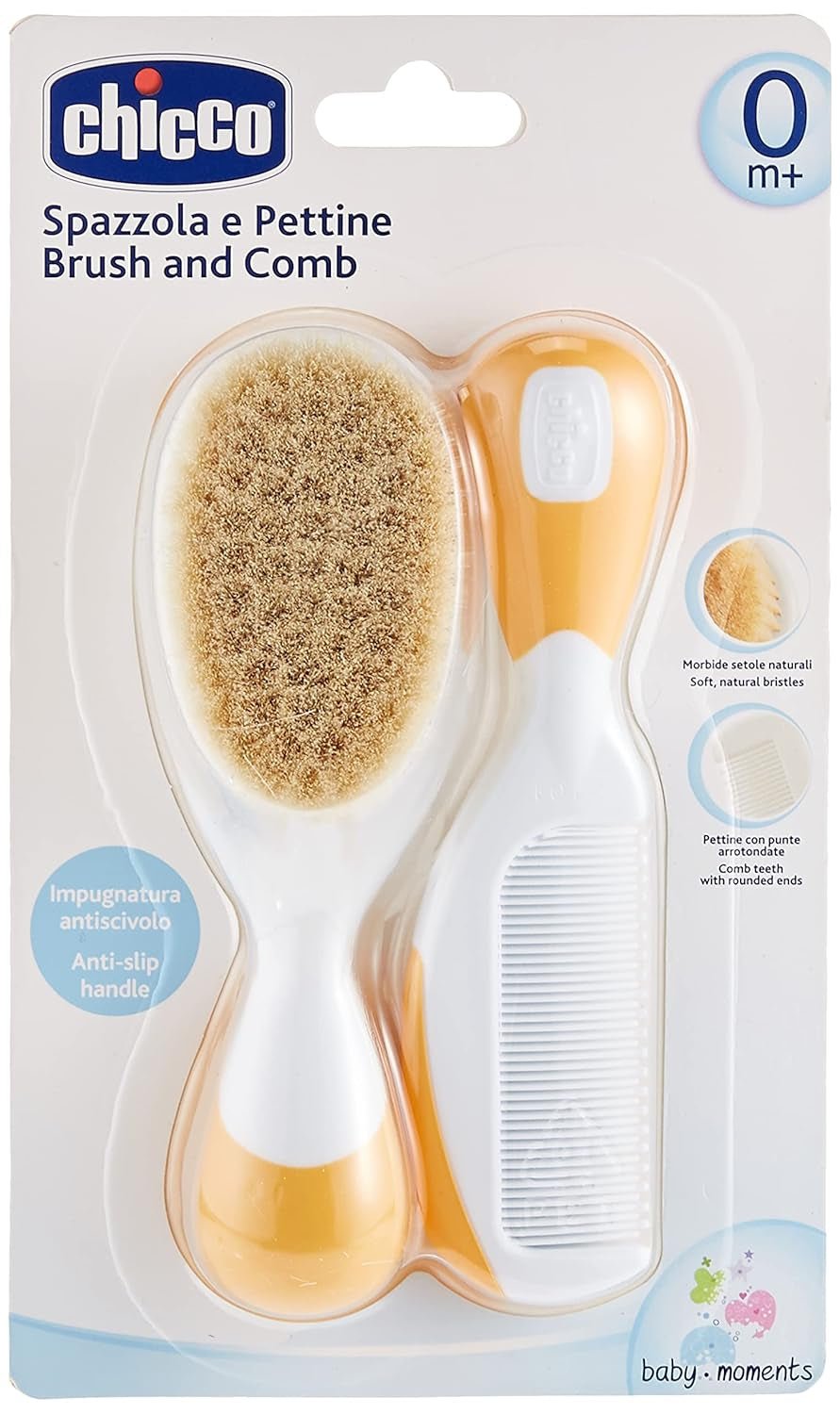 Chicco set perie de păr și pieptene pentru copii, perie pentru copii cu peri naturali moi, pieptene cu vârfuri rotunjite, mâner anti-alunecare, cadou de petrecere pentru copii - consumabile pentru nou-născuți de la 0 luni Copii - Baie si Skincare Naty Shop Portocaliu