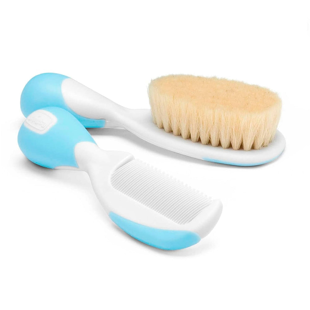Chicco set perie de păr și pieptene pentru copii, perie pentru copii cu peri naturali moi, pieptene cu vârfuri rotunjite, mâner anti-alunecare, cadou de petrecere pentru copii - consumabile pentru nou-născuți de la 0 luni Copii - Baie si Skincare Naty Shop Albastru
