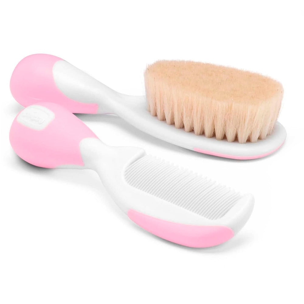Chicco set perie de păr și pieptene pentru copii, perie pentru copii cu peri naturali moi, pieptene cu vârfuri rotunjite, mâner anti-alunecare, cadou de petrecere pentru copii - consumabile pentru nou-născuți de la 0 luni Copii - Baie si Skincare Naty Shop Roz