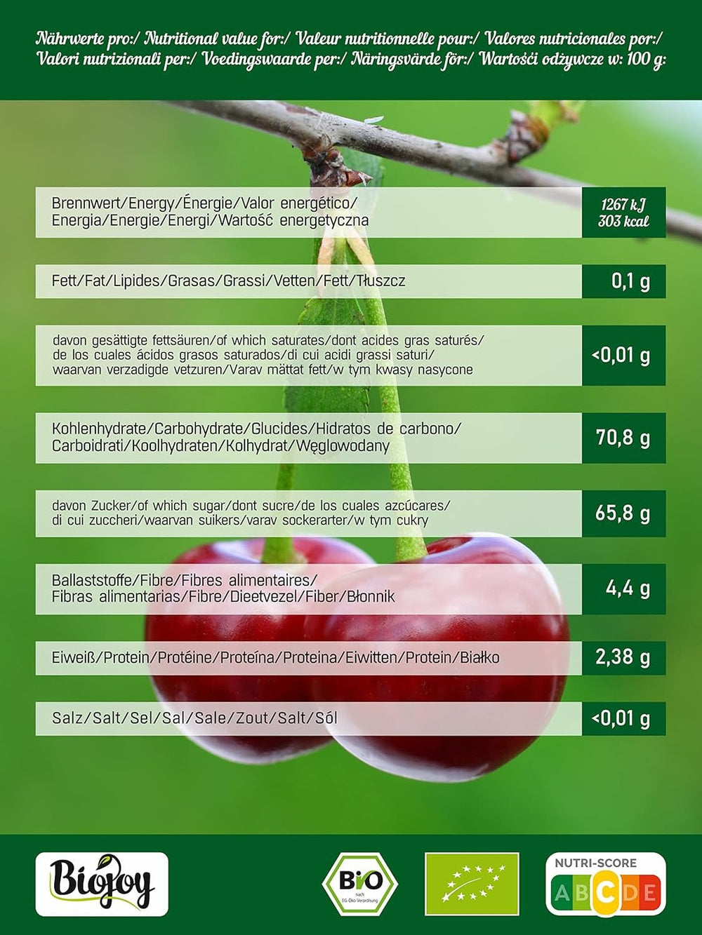 Cireșe dulci uscate bio Biojoy (500 g), fără sâmburi și fără sulf Produse deshidratate Naty Shop