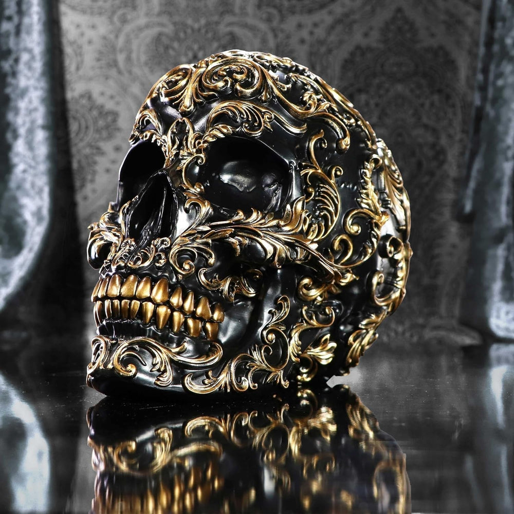 Craniu renascentist, 19 cm, rășină, negru și auriu, model baroc auriu, ornament craniu negru, decor gotic, turnat din cea mai fină rășină sintetică, pictat manual de experți Statuete si sculpturi Naty Shop