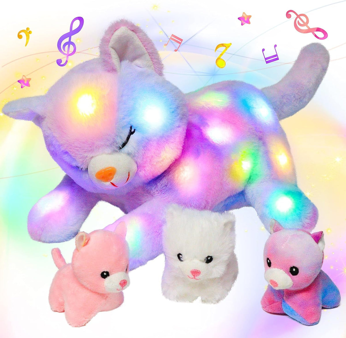 Pisică de pluș muzicală cu LED, jucărie cântătoare luminoasă, Mama Pisică cu 3 pisoi în burtă, cântec de leagăn animat, jucărie liniștitoare pentru mame, copii, fete mici, curcubeu, 45 cm