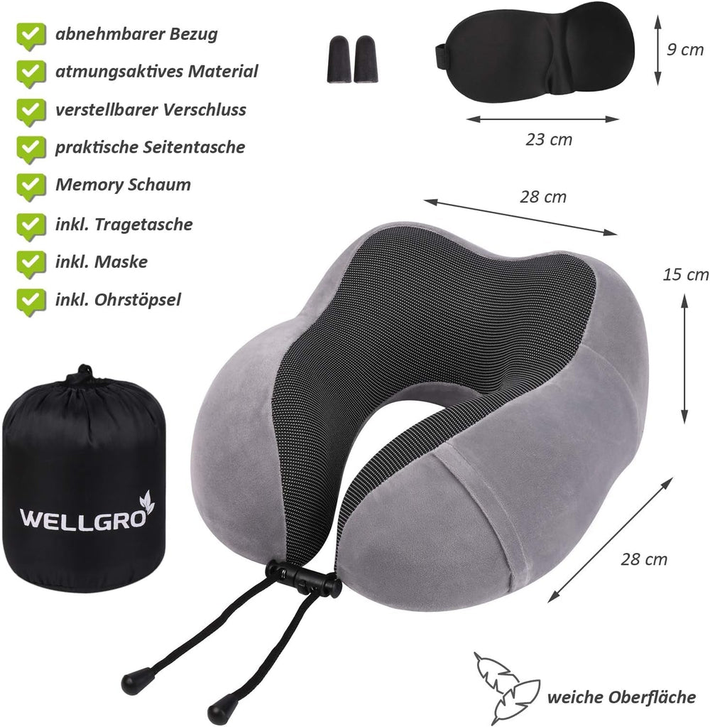 Set de perne pentru gât WELLGRO cu mască de somn 3D și dopuri pentru urechi - Husă detașabilă - Spumă cu memorie - Închidere cu fermoar - Inclusiv geantă de depozitare - Pernă de călătorie - Culoare selectabilă, Culoare:Gri Perne ortopedice cervicale Naty Shop