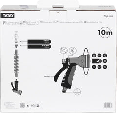 Set furtun spiralat TATAY 10 m cu accesorii din plastic cu protecție UV, ideal pentru terase și grădini mici.