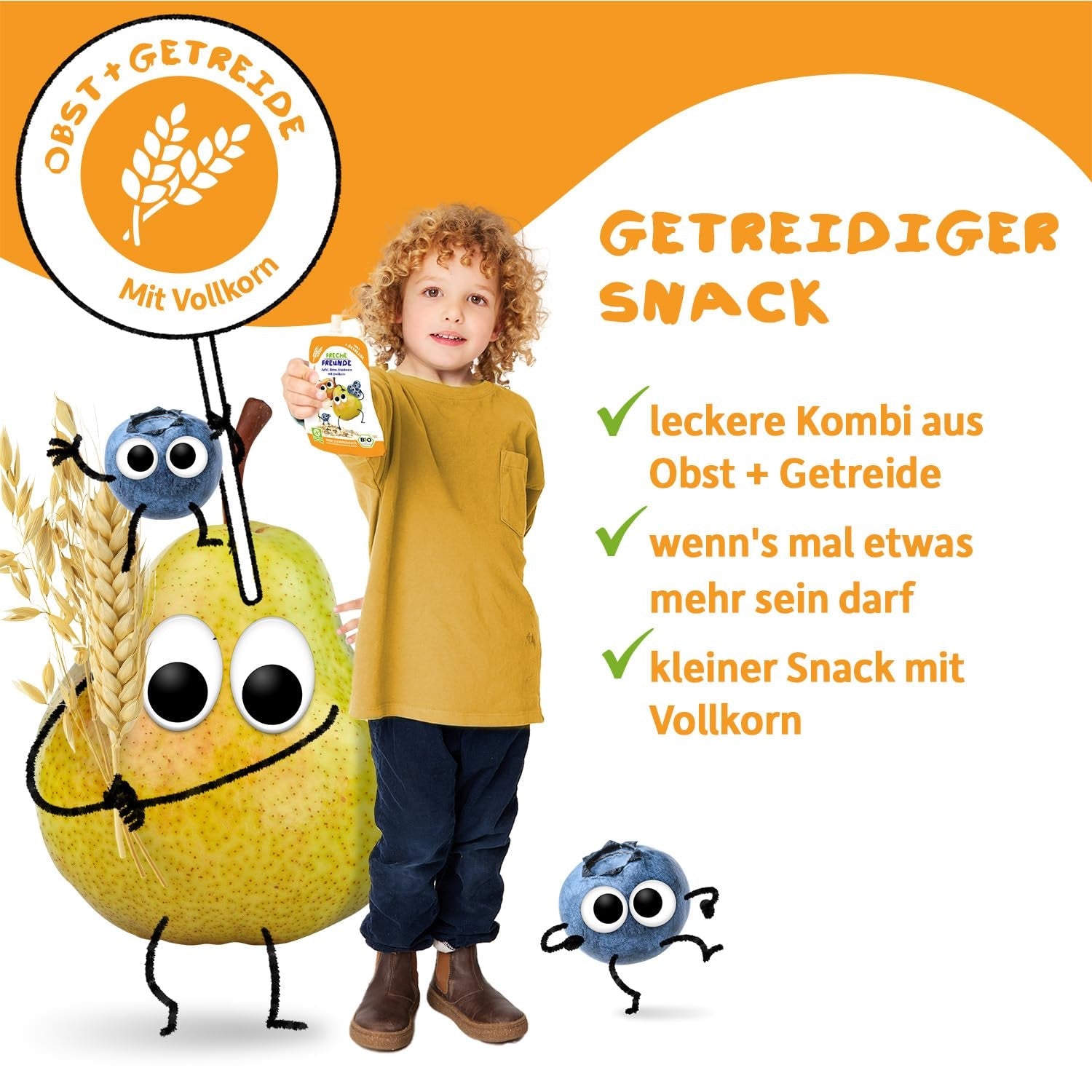 FRECHE FREUNDE Pliculeț cu fructe organice Banană, Măr, Zmeură, Afine cu ovăz, Piure de fructe cu cereale într-un pliculeț compresibil pentru bebeluși de la 6 luni, Vegan, Pachet de 6 (6 x 100g)