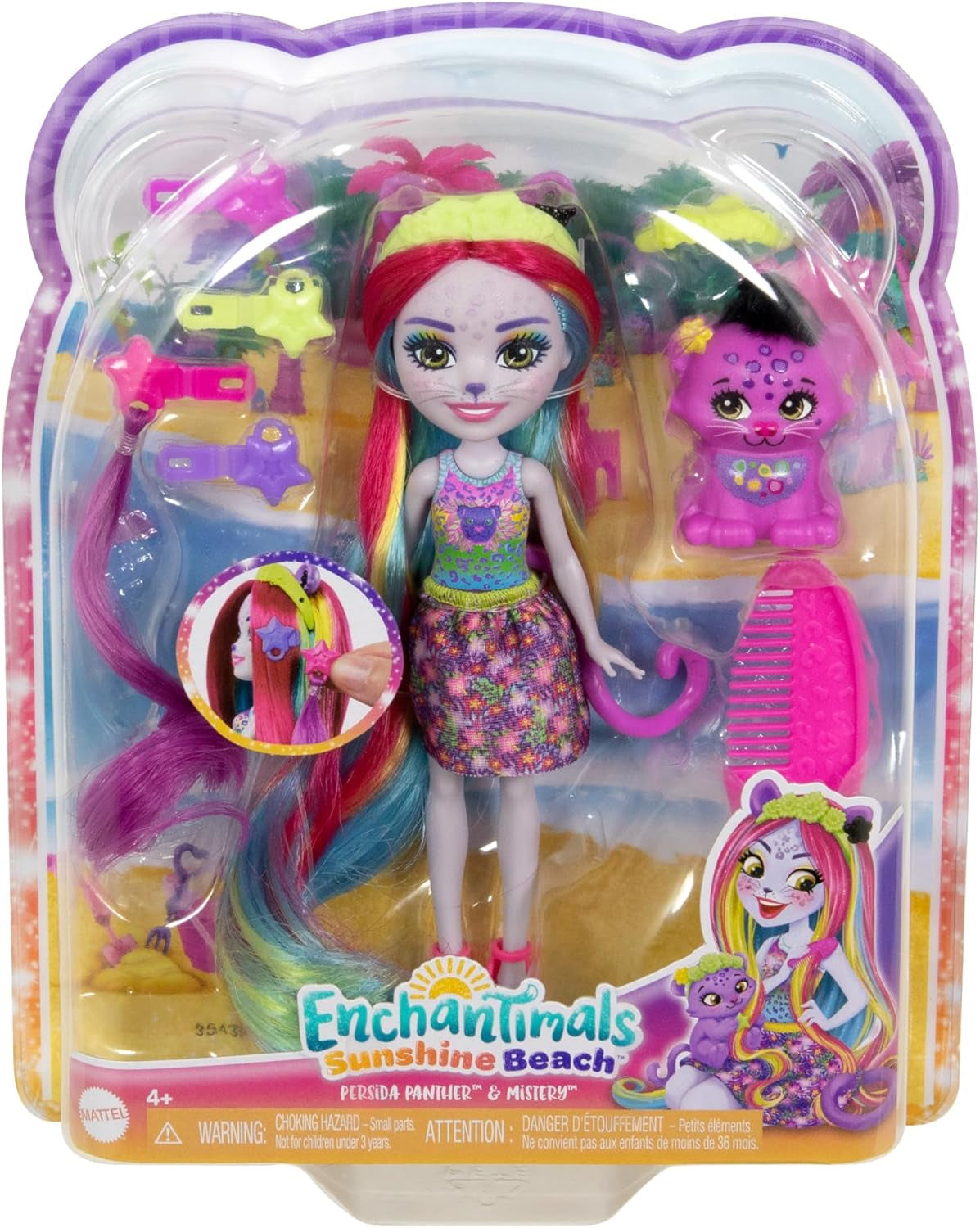 Enchantimals Sunshine Beach Pantherpuppe und Tierfreund mit Deluxe-Haar zum Stylen und Accessoires, Tierspielzeug, farbenfrohe Moden, HTJ69