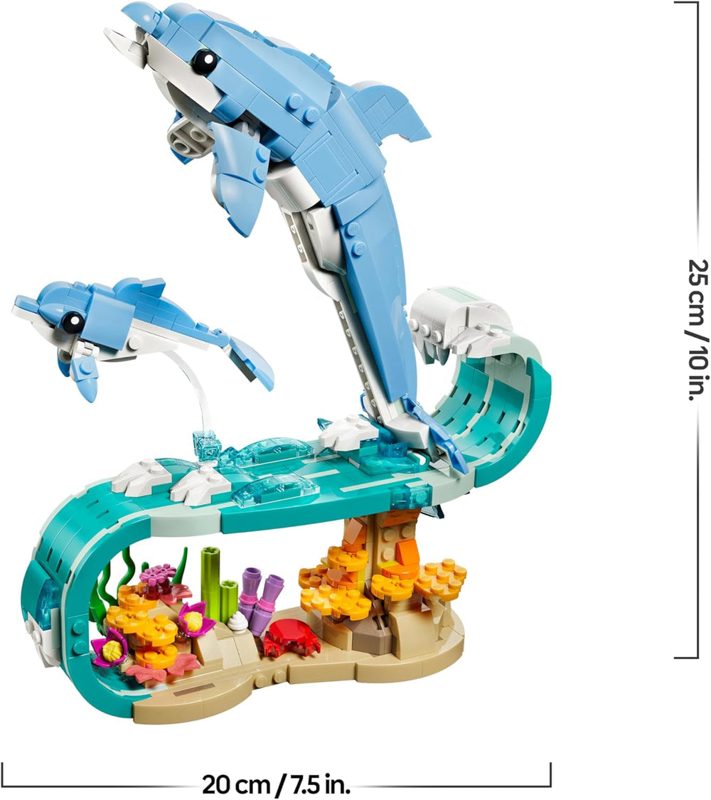 LEGO Creator 3-in-1-Set Meerestiere: Wunderschöne Delfine - Tierfiguren - Set mit 3 Optionen: Delfine, Seepferdchen & Krabbe - Spielzeug für Kinder ab 9 Jahren - Geschenk für Mädchen & Jungen - 31385