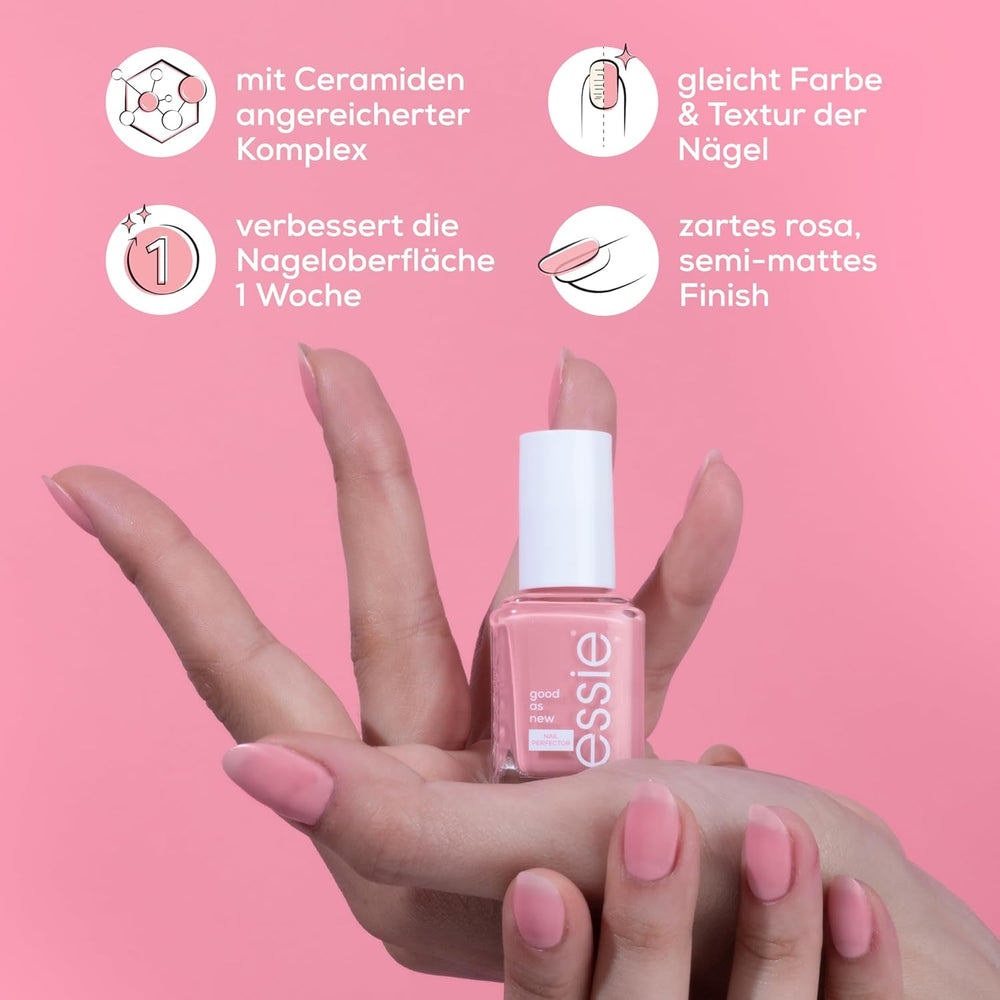 Essie Professional Nail Perfector Pink întărește și protejează unghiile, restabilește structura sănătoasă și îmbunătățește rezistența, pentru unghii vizibil mai puternice și mai sănătoase.