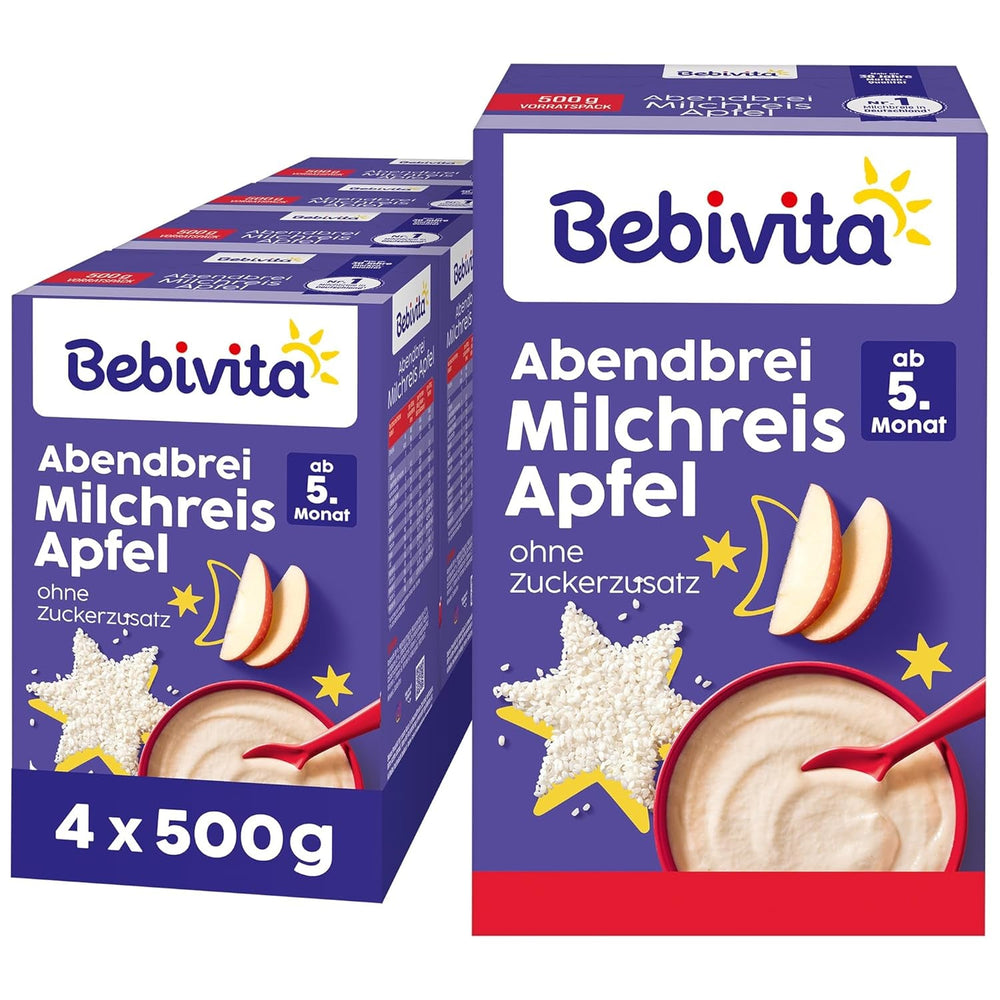 Budincă de orez cu mere și terci de seară (4x500g), terci de lapte de la 5 luni, cu minerale și vitamine valoroase, fără zahăr adăugat, foarte sățios