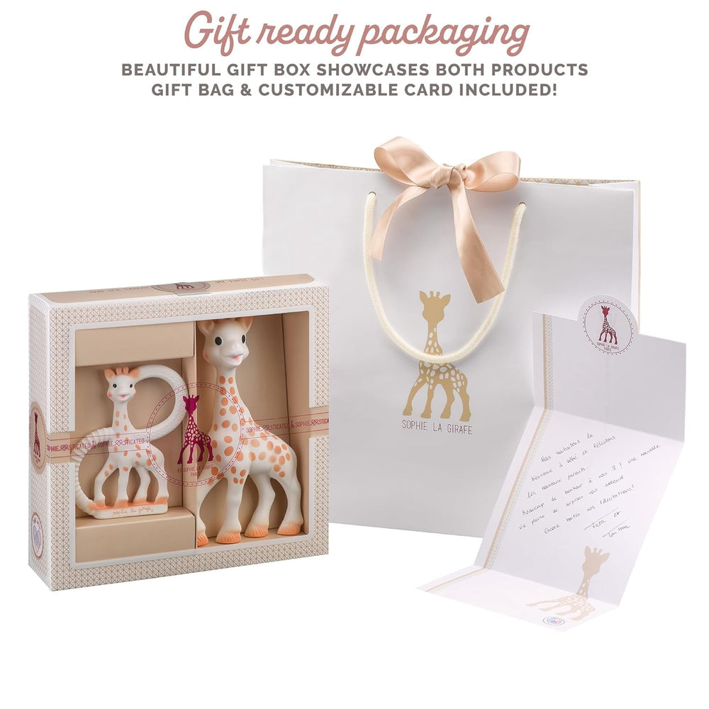 Girafa Sophie – Cutie cadou pentru bebeluși + Inel de dentiție – 100% cauciuc natural – Set de activități pentru copii – Jucărie pentru învățare timpurie