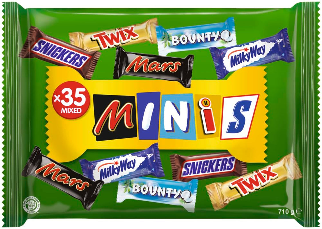 Pachet vrac cu mini ciocolată mixtă, ciocolată, 35 de mini gustări de ciocolată (Mars, Snickers, Bounty, Twix, Milky Way) ca dulciuri, cadou de ciocolată, cutie de bomboane (710g)
